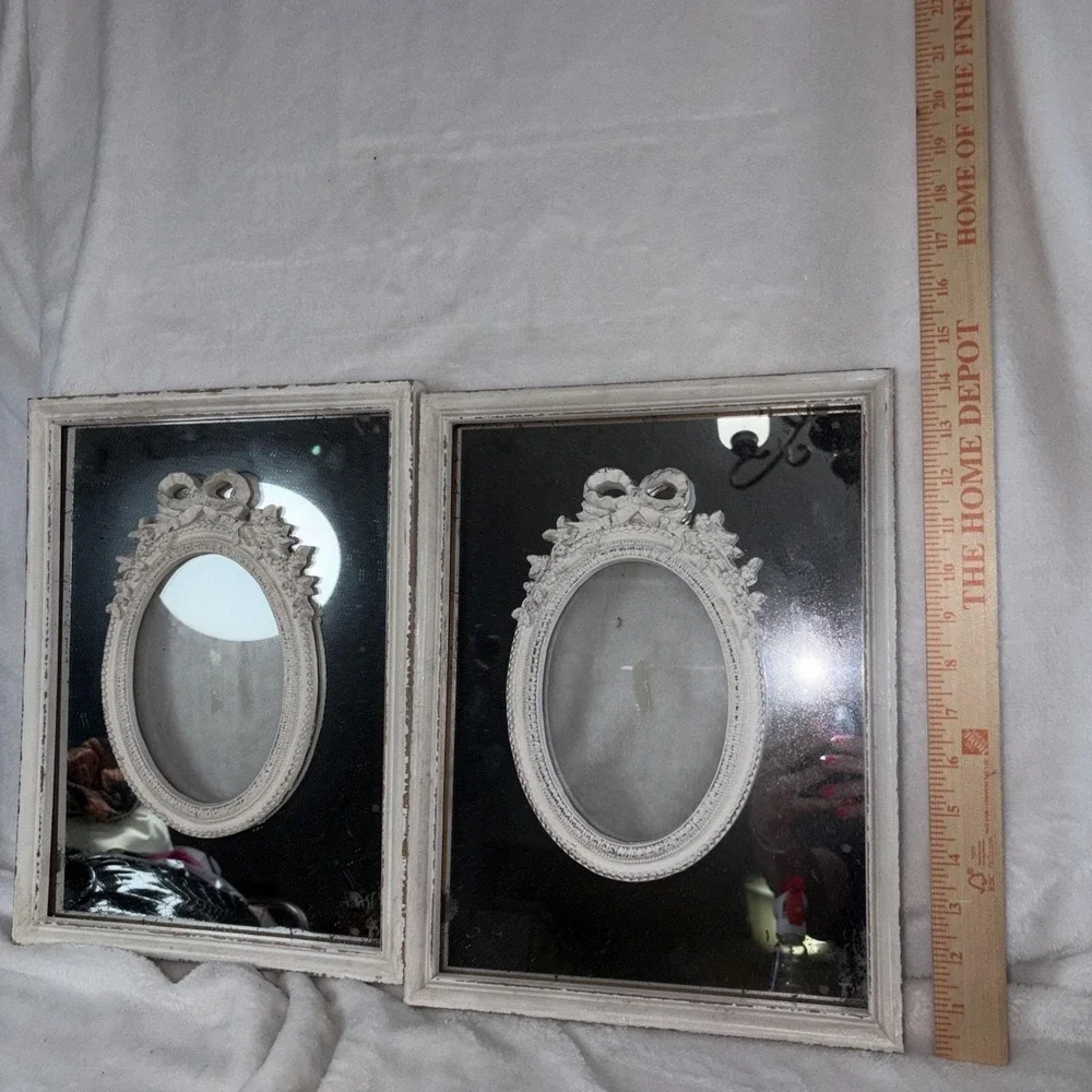 Vintage 70 Shabby Chic Mirror Frame Pair French Country Oval Ribbon Aged Patina